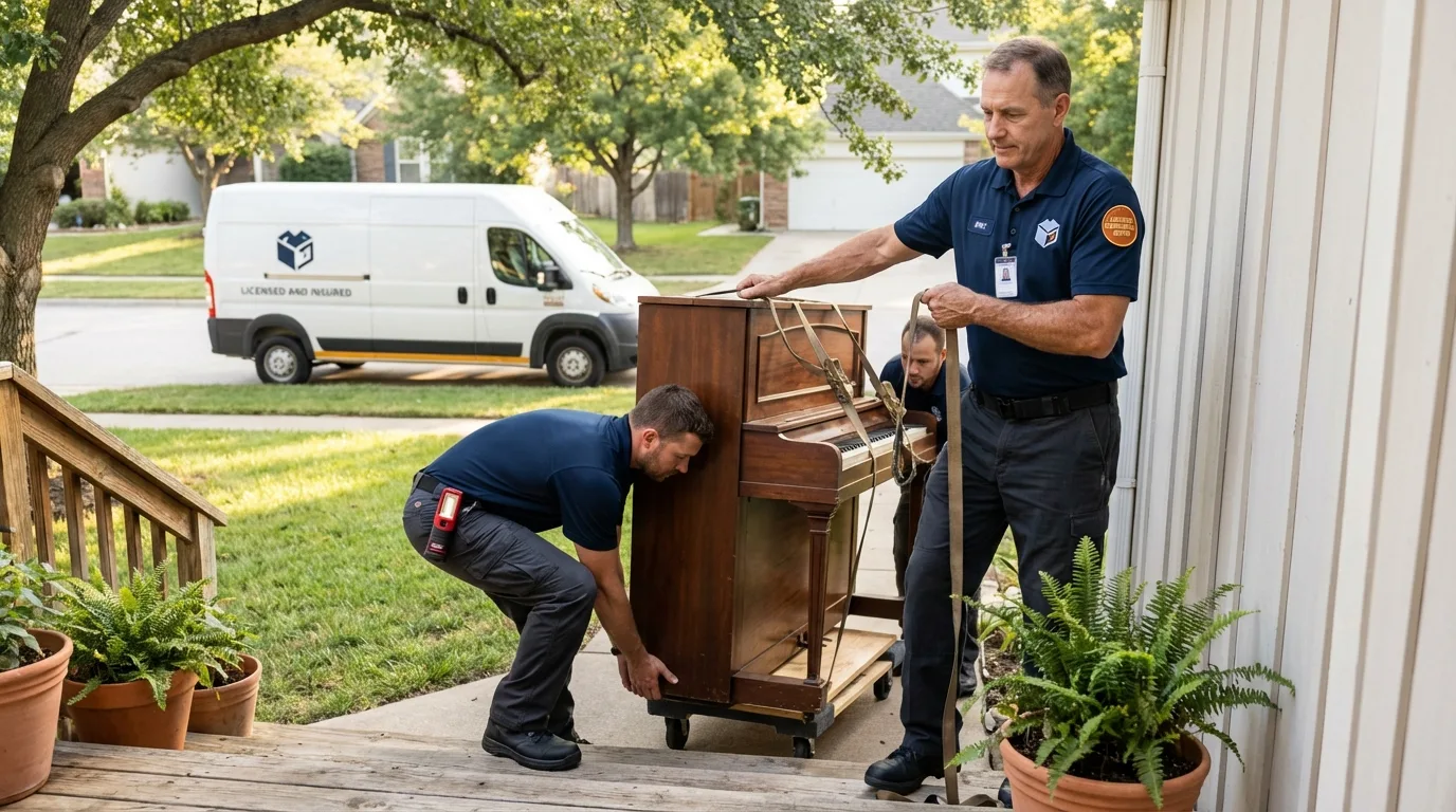 Licensed piano movers securing grand piano in Smith, NV