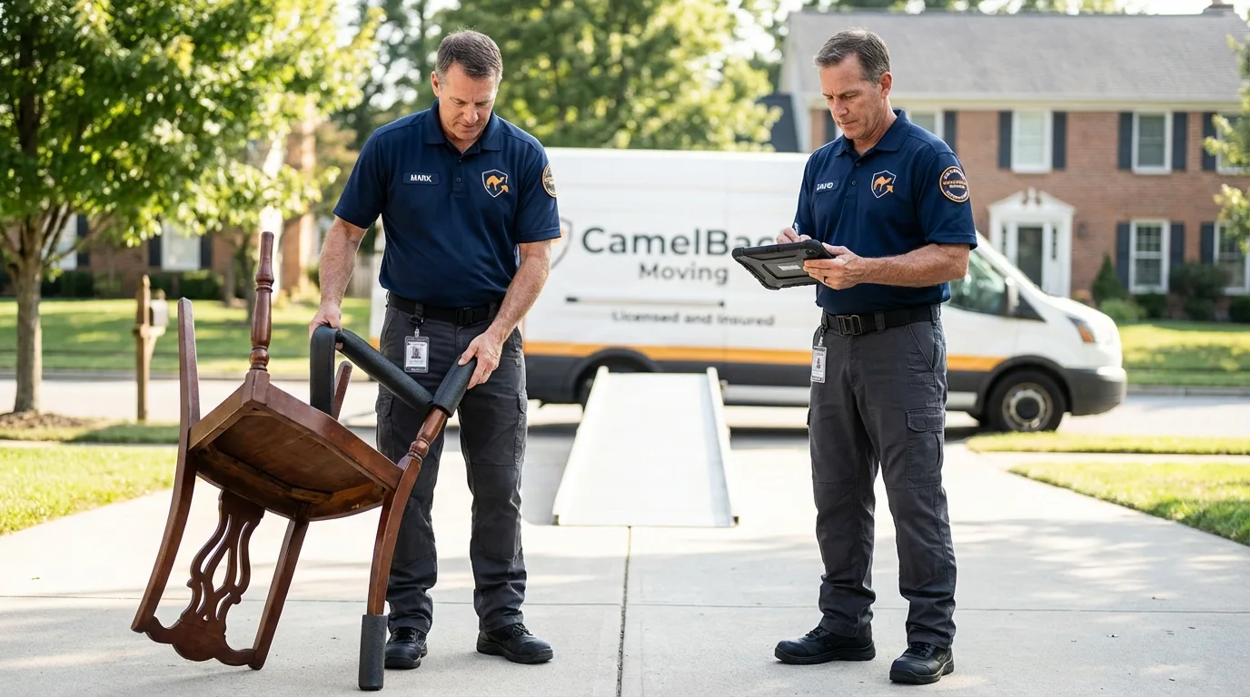 Movers inspecting furniture for damage prevention before loading in Smith, NV
