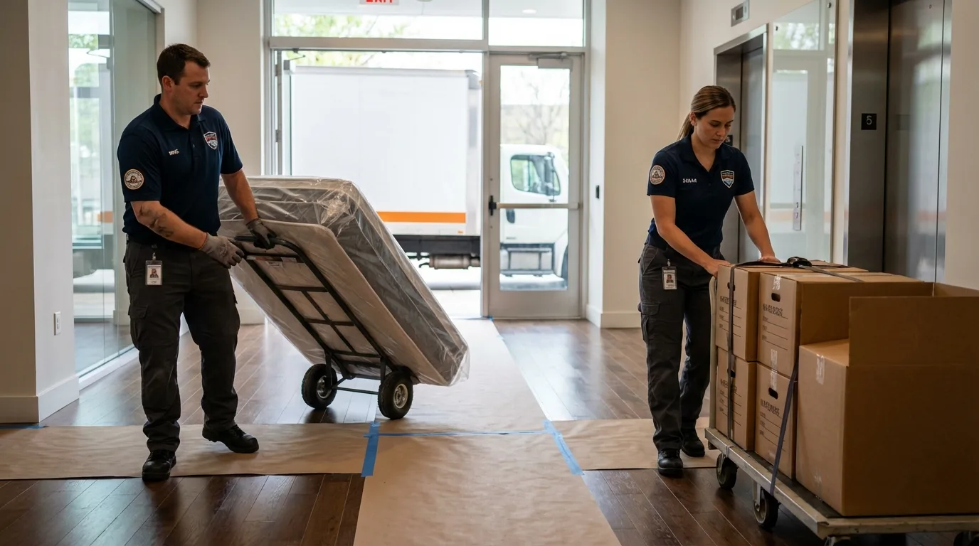 Professional apartment movers loading elevator in Smith, NV